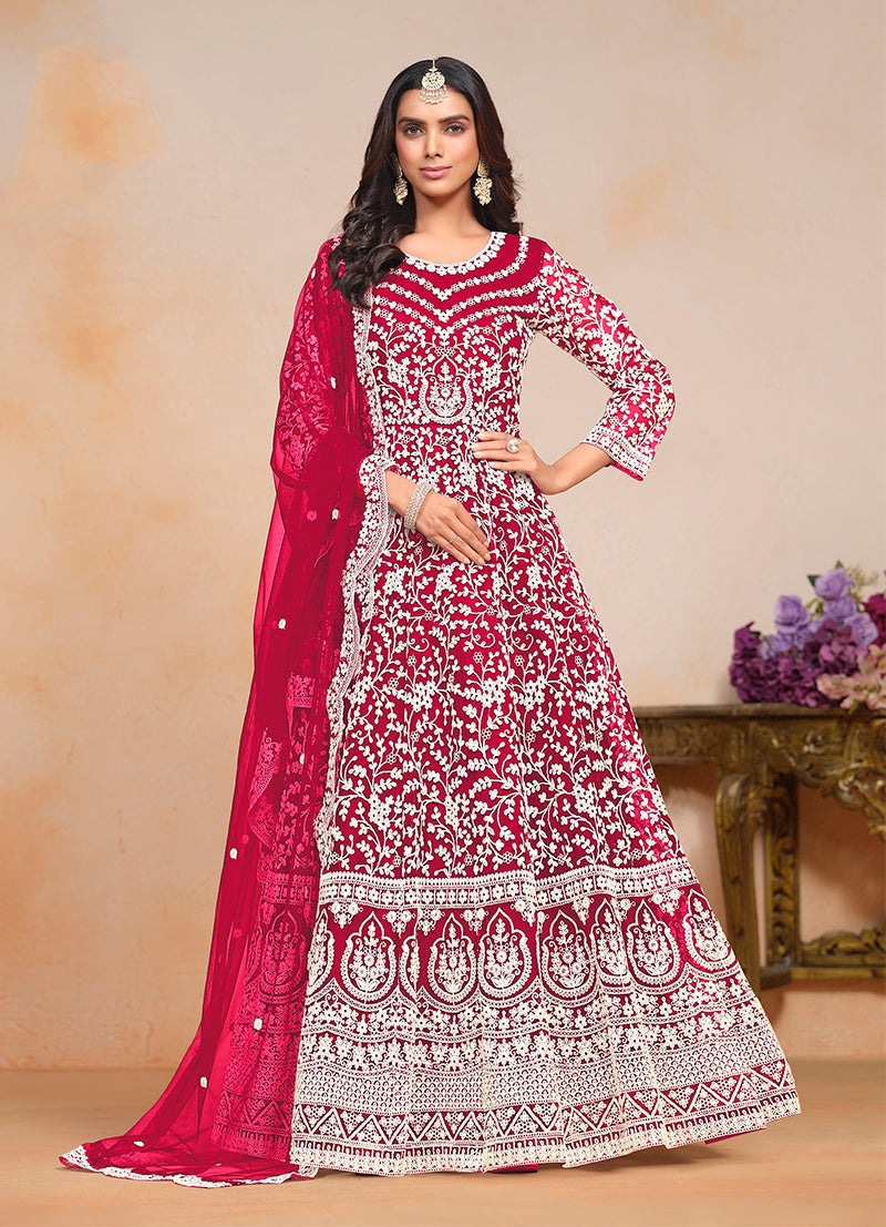 Monjolika Fashion Rani-Pink Color Embroidered Santoon Net Salwar Suit | Grocsy