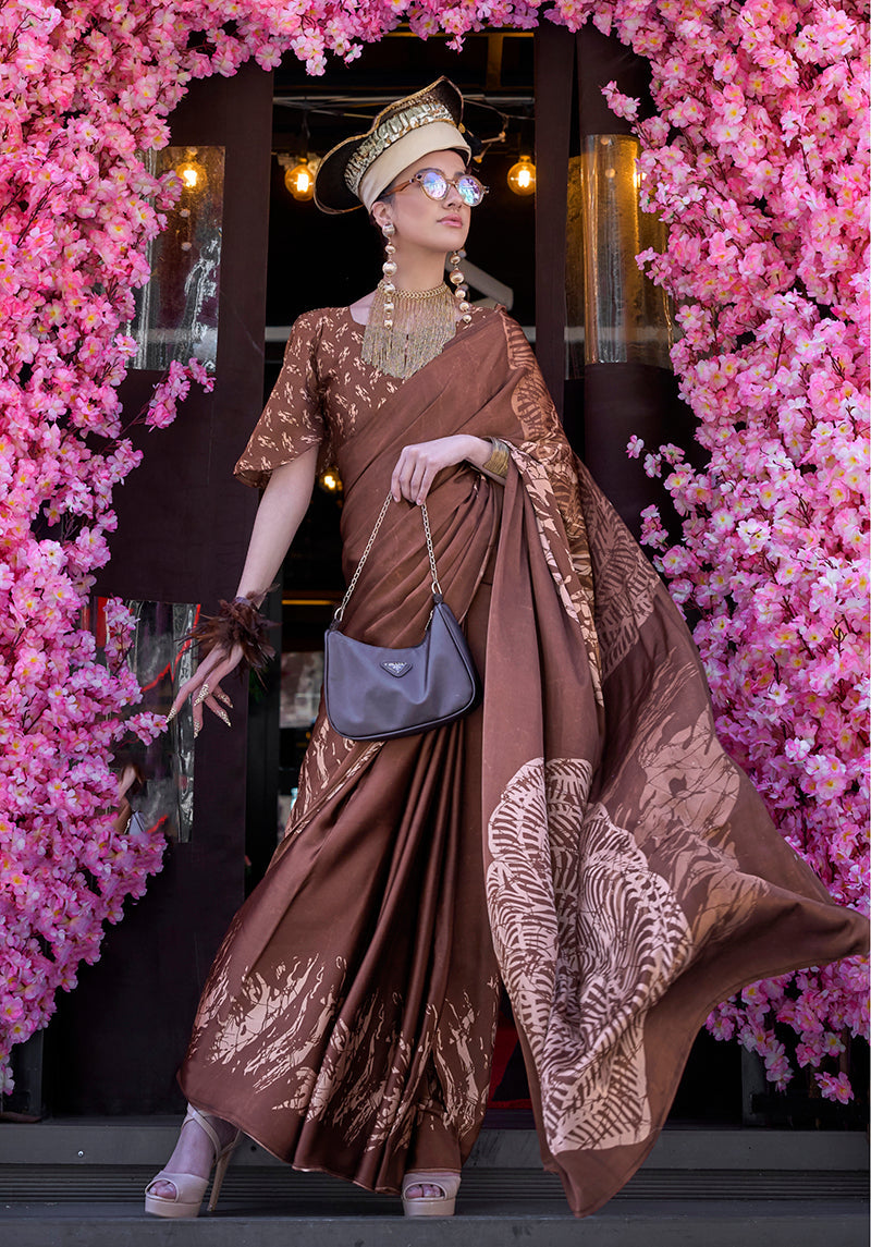 Monjolika Fashion Printed Satin Brown Colour Classic Saree | Grocsy