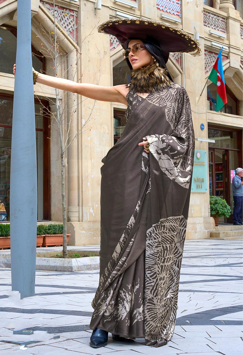 Monjolika Fashion Printed Satin Dark Grey Colour Classic Saree | Grocsy