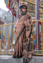 Monjolika Fashion Printed Satin Brown Colour Classic Saree | Grocsy