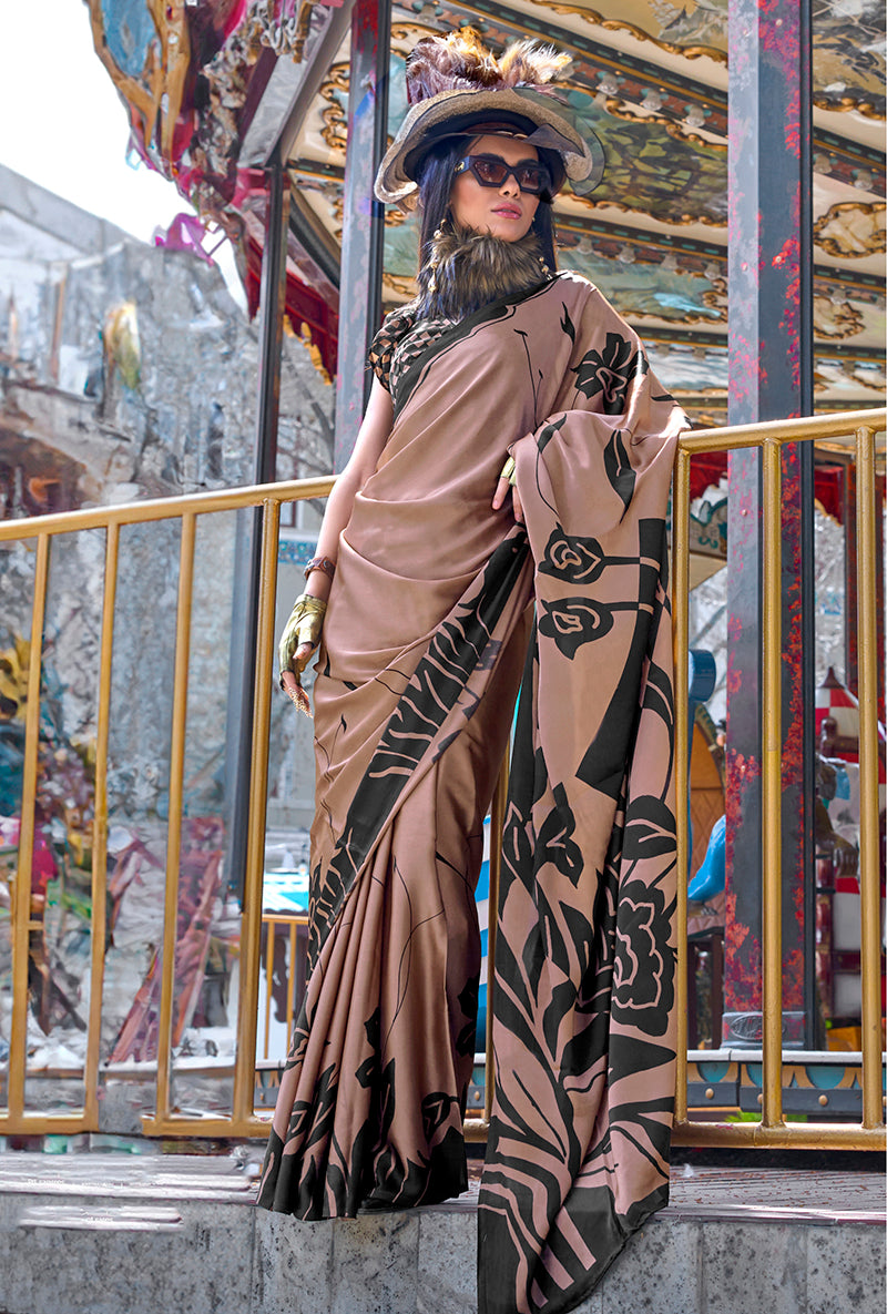 Monjolika Fashion Printed Satin Brown Colour Classic Saree | Grocsy