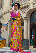 Monjolika Fashion Printed Satin Mustard Colour Classic Saree | Grocsy