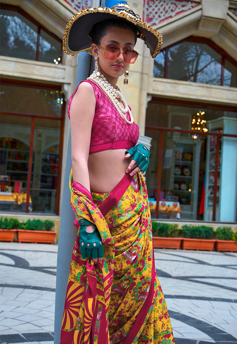 Monjolika Fashion Printed Satin Mustard Colour Classic Saree | Grocsy