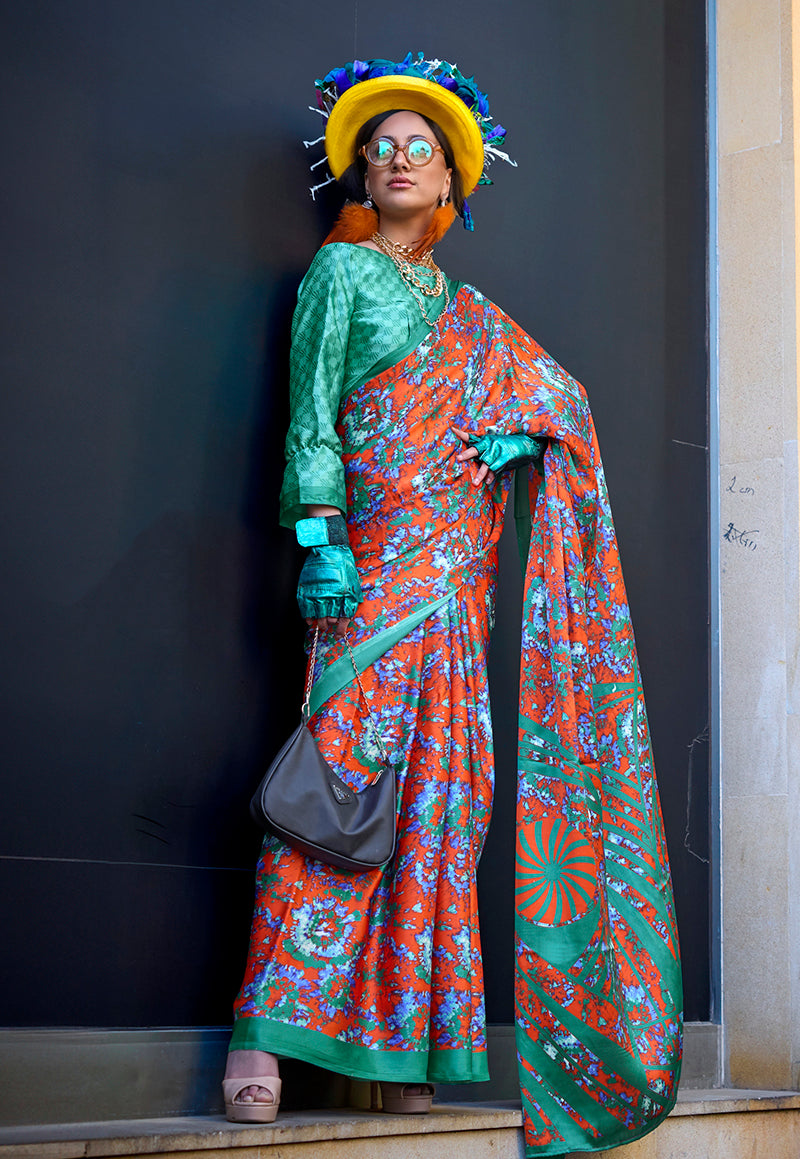 Monjolika Fashion Printed Satin Salmon Colour Classic Saree | Grocsy