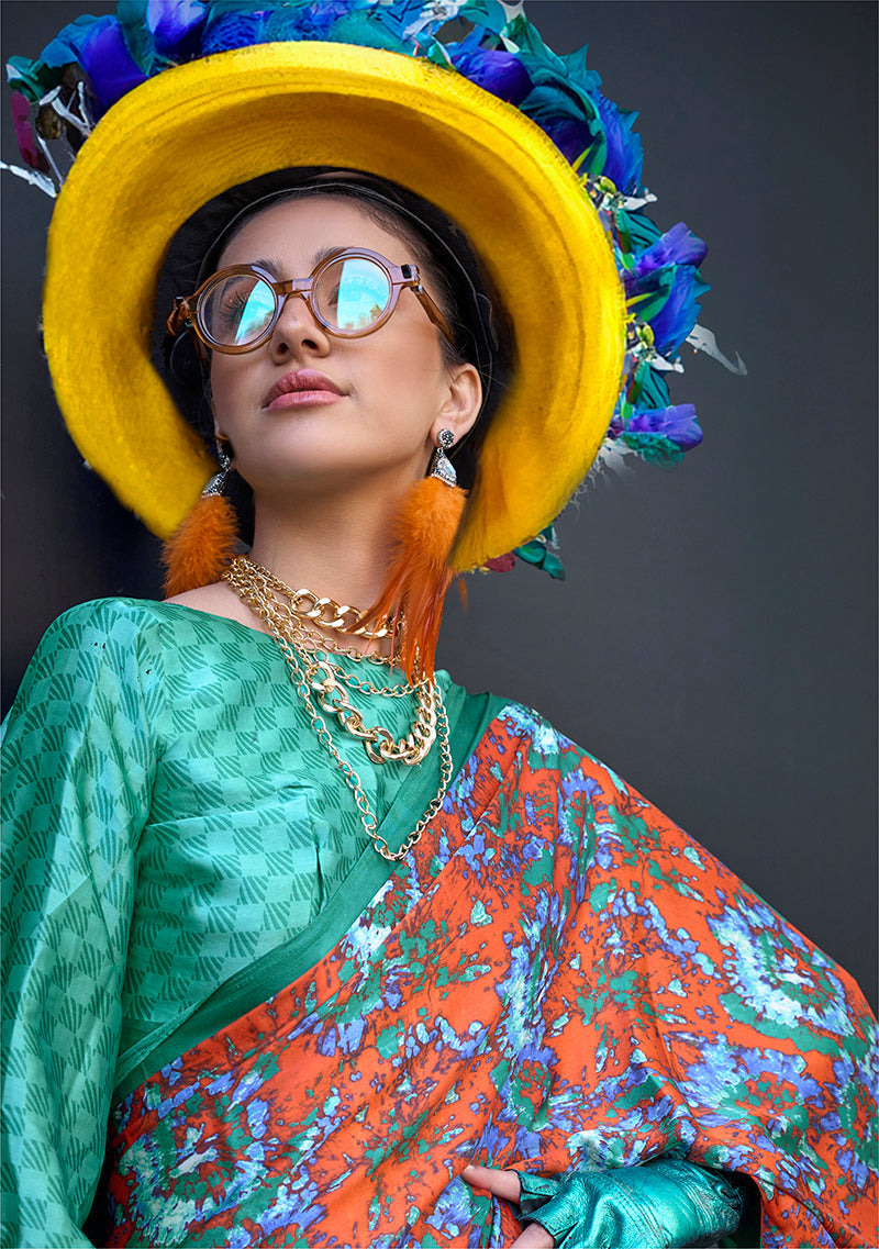 Monjolika Fashion Printed Satin Salmon Colour Classic Saree | Grocsy
