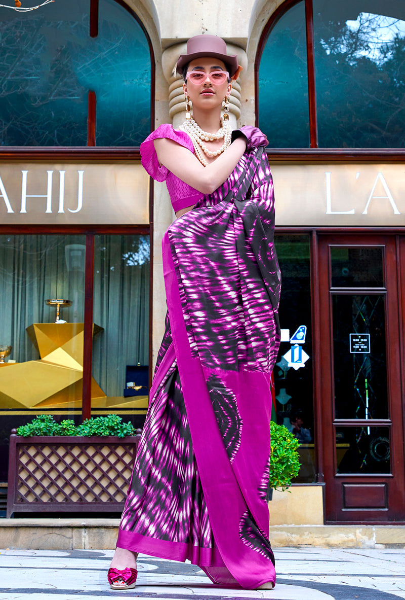 Monjolika Fashion Printed Satin Magenta Colour Classic Saree | Grocsy