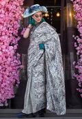 Monjolika Fashion Printed Satin White & Black Colour Classic Saree | Grocsy
