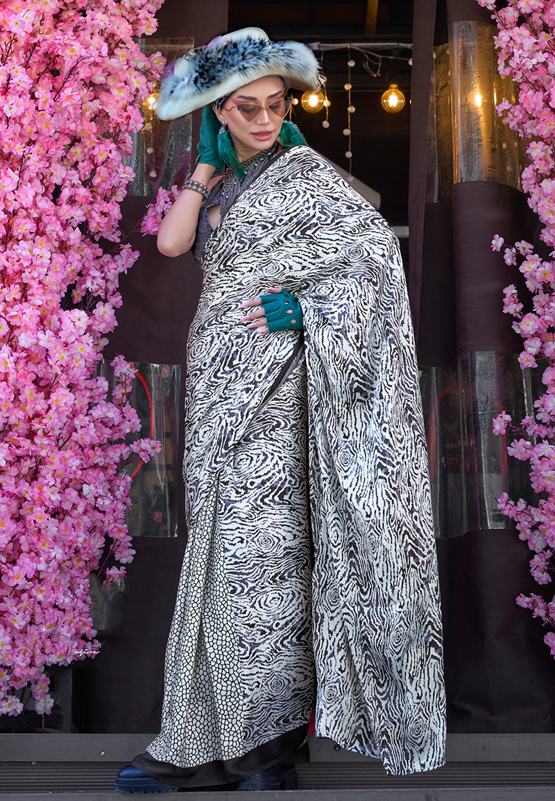 Monjolika Fashion Printed Satin White & Black Colour Classic Saree | Grocsy