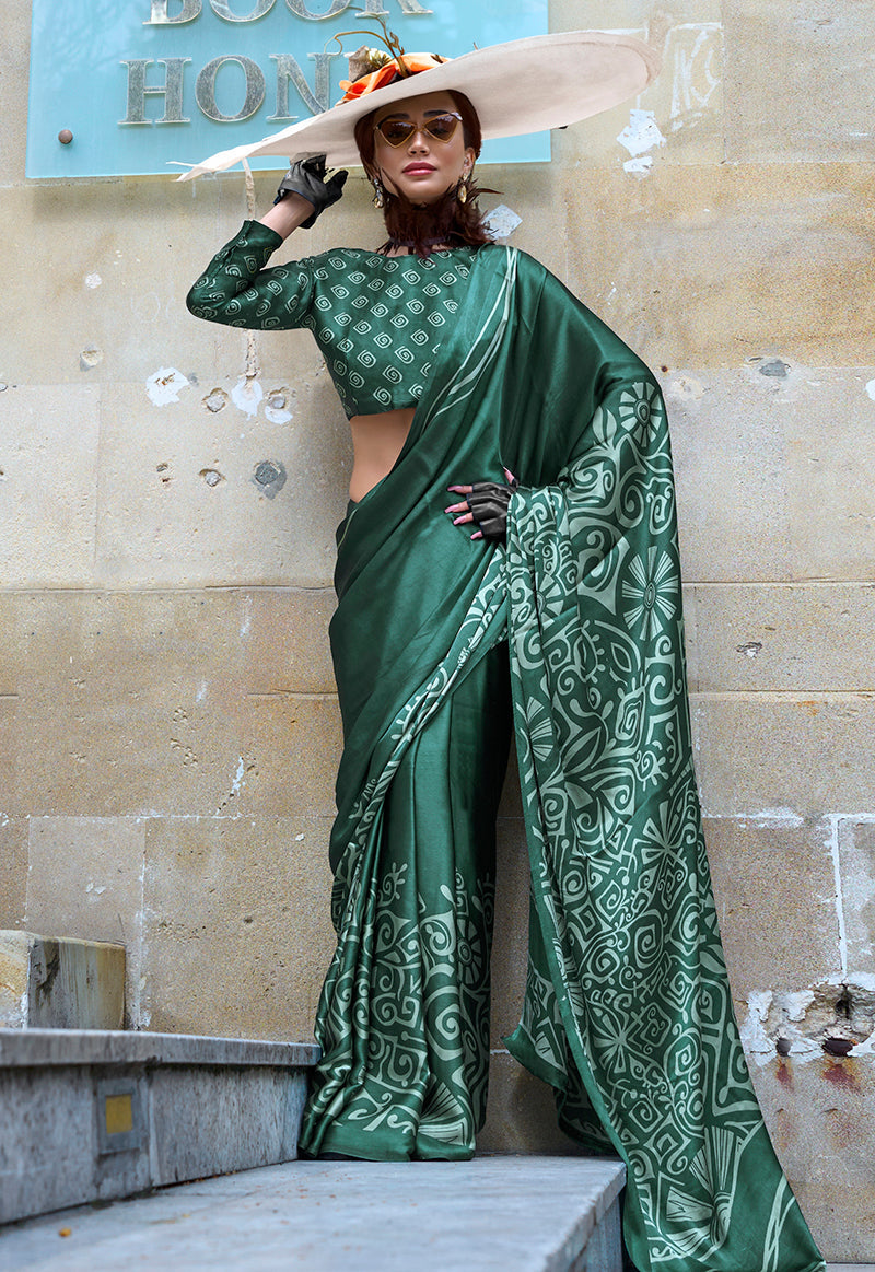 Monjolika Fashion Printed Satin Dark Green Colour Classic Saree | Grocsy