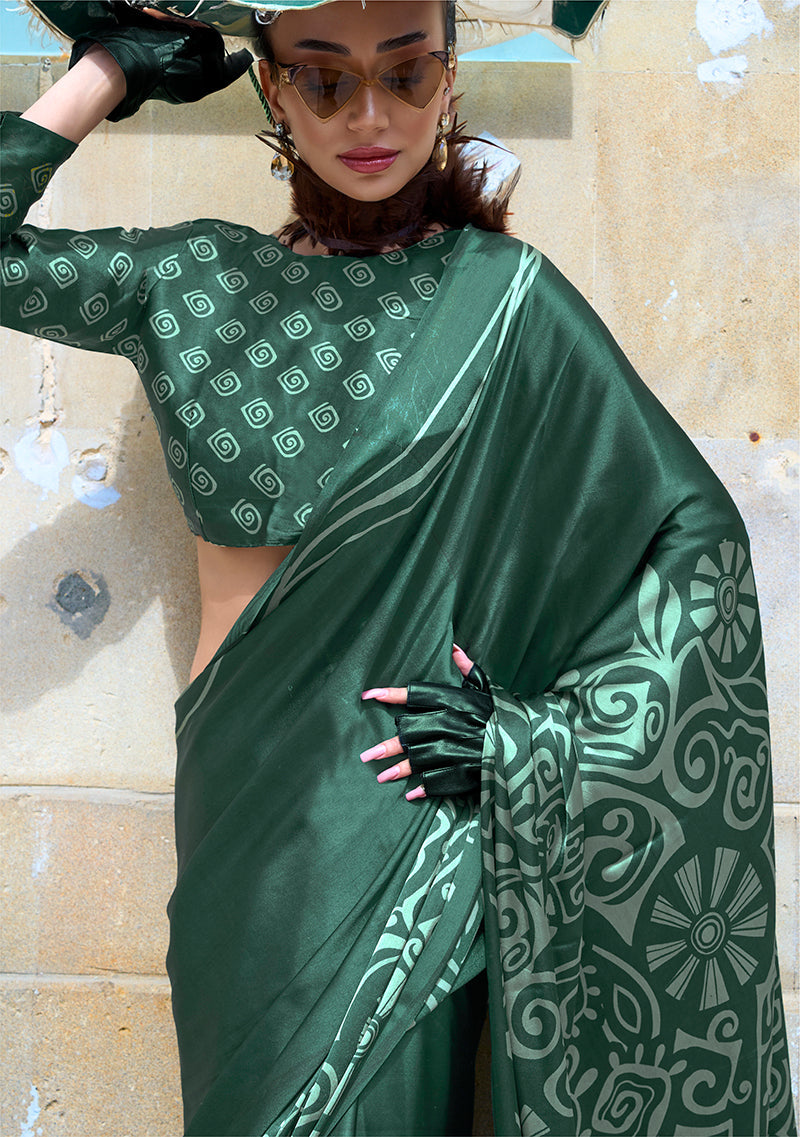 Monjolika Fashion Printed Satin Dark Green Colour Classic Saree | Grocsy