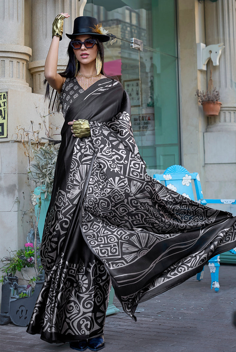 Monjolika Fashion Printed Satin Black Colour Classic Saree | Grocsy