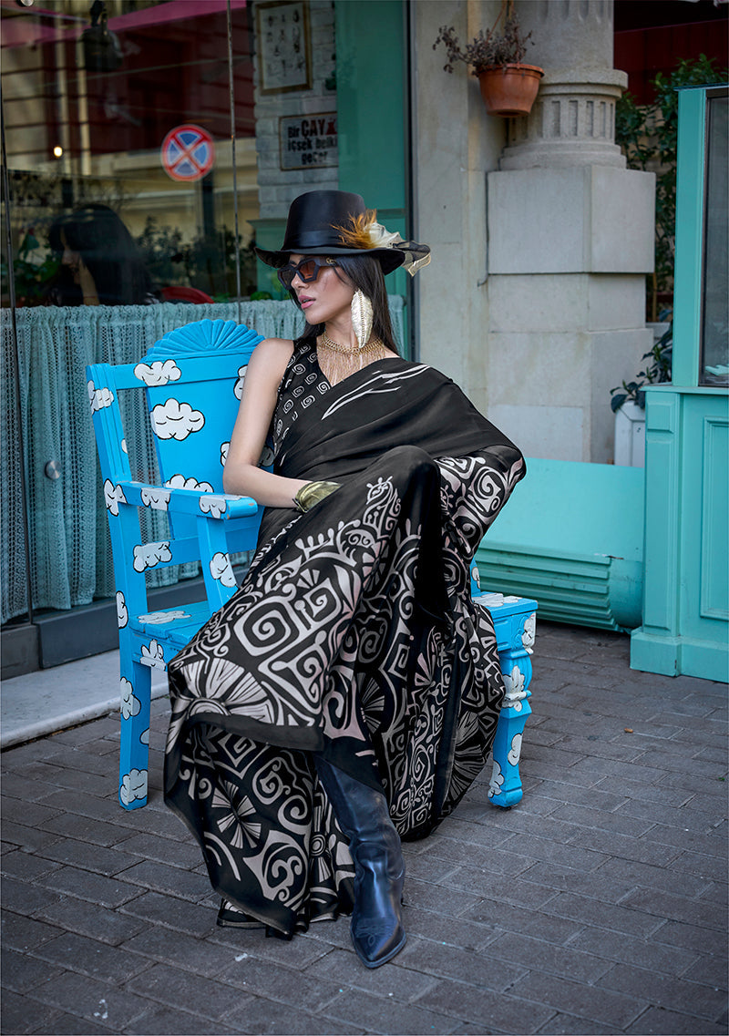 Monjolika Fashion Printed Satin Black Colour Classic Saree | Grocsy