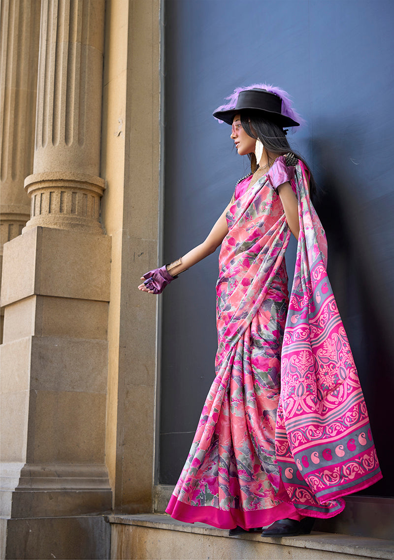 Monjolika Fashion Printed Satin Pink Colour Classic Saree | Grocsy