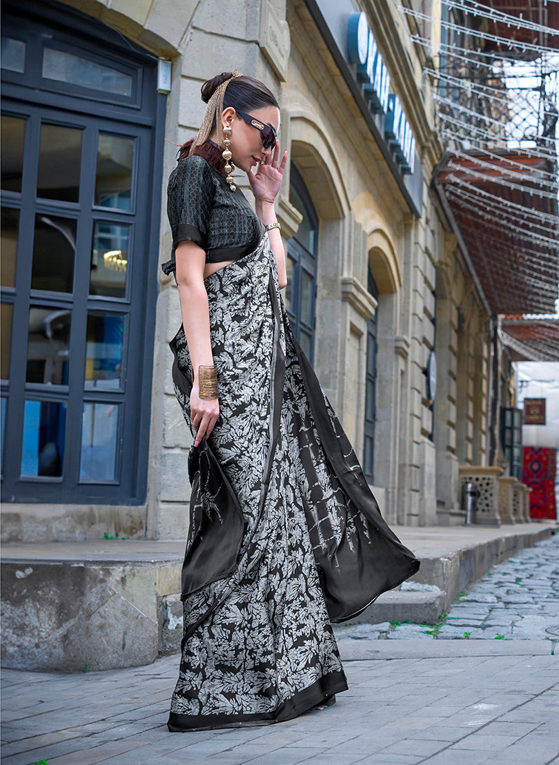 Monjolika Fashion Printed Satin Black Colour Classic Saree | Grocsy