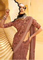 Monjolika Fashion Printed Georgette Classic Saree In Brown | Grocsy
