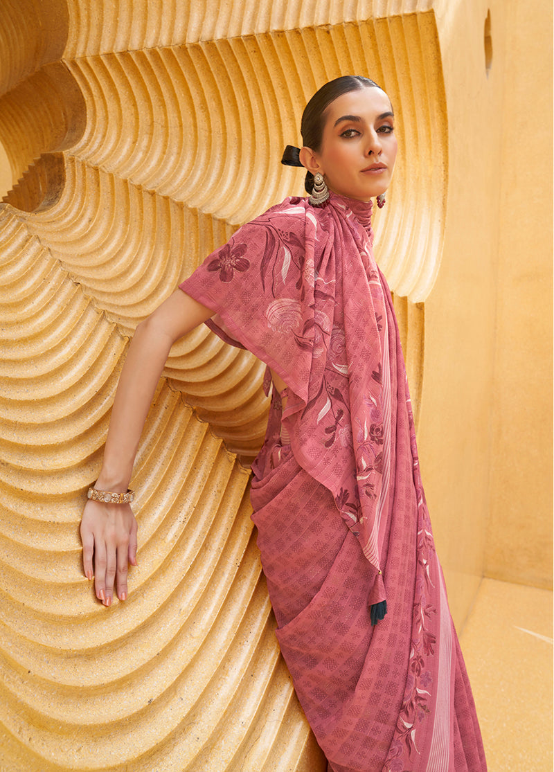 Monjolika Fashion Printed Georgette Classic Saree In Pink | Grocsy