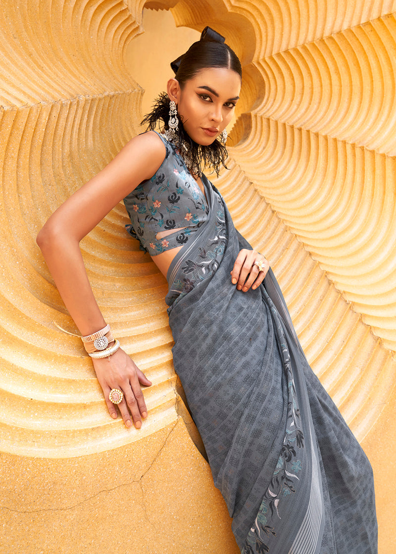 Monjolika Fashion Printed Georgette Classic Saree In Grey | Grocsy