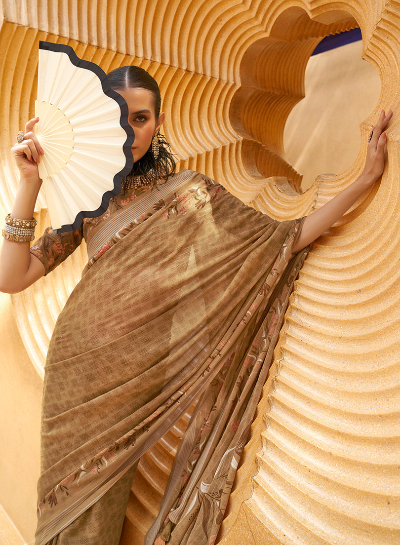 Monjolika Fashion Printed Georgette Classic Saree In Brown | Grocsy