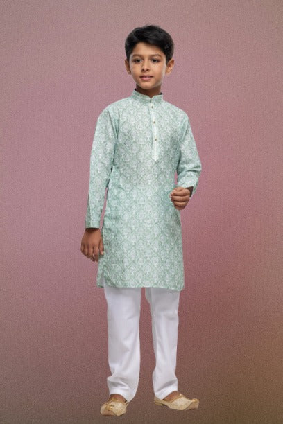 Raivat Ethnic Cotton Thread Work Kids Kurta Pajama In Light Green Colour | Grocsy