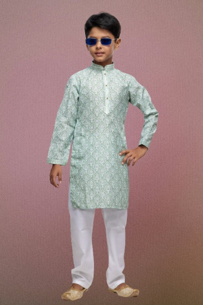 Raivat Ethnic Cotton Thread Work Kids Kurta Pajama In Light Green Colour | Grocsy
