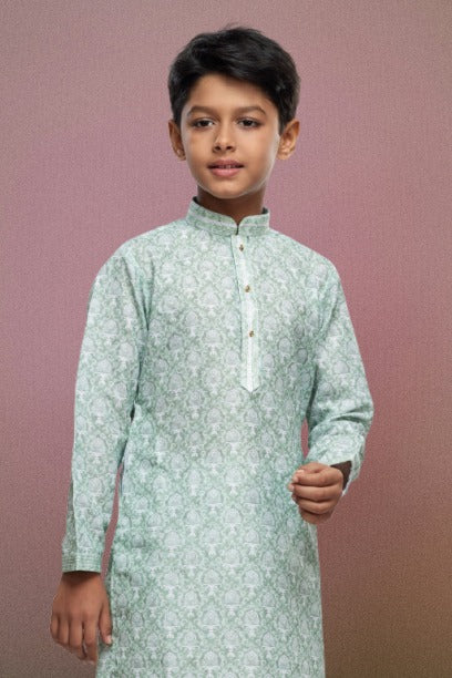 Raivat Ethnic Cotton Thread Work Kids Kurta Pajama In Light Green Colour | Grocsy