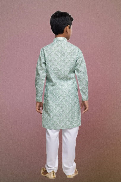 Raivat Ethnic Cotton Thread Work Kids Kurta Pajama In Light Green Colour | Grocsy
