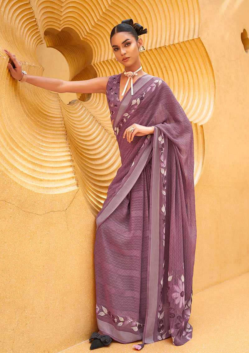 Monjolika Fashion Printed Georgette Classic Saree In Purple | Grocsy