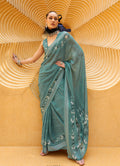 Monjolika Fashion Printed Georgette Classic Saree In Teal | Grocsy