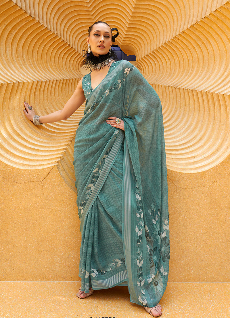 Monjolika Fashion Printed Georgette Classic Saree In Teal | Grocsy