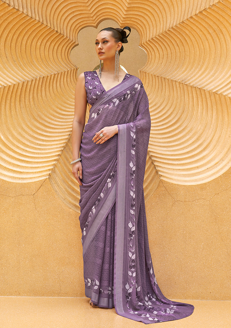 Monjolika Fashion Printed Georgette Classic Saree In Lavender | Grocsy