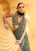 Monjolika Fashion Printed Georgette Classic Saree In Green | Grocsy