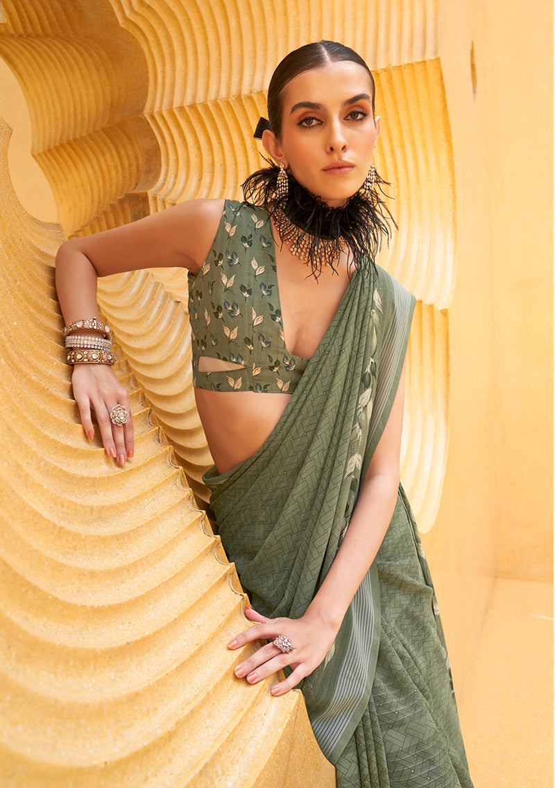 Monjolika Fashion Printed Georgette Classic Saree In Green | Grocsy