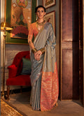 Monjolika Fashion Tussar Silk Weaving Grey Traditional Saree | Grocsy