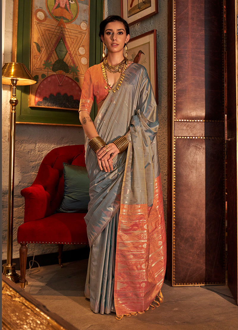 Monjolika Fashion Tussar Silk Weaving Grey Traditional Saree | Grocsy