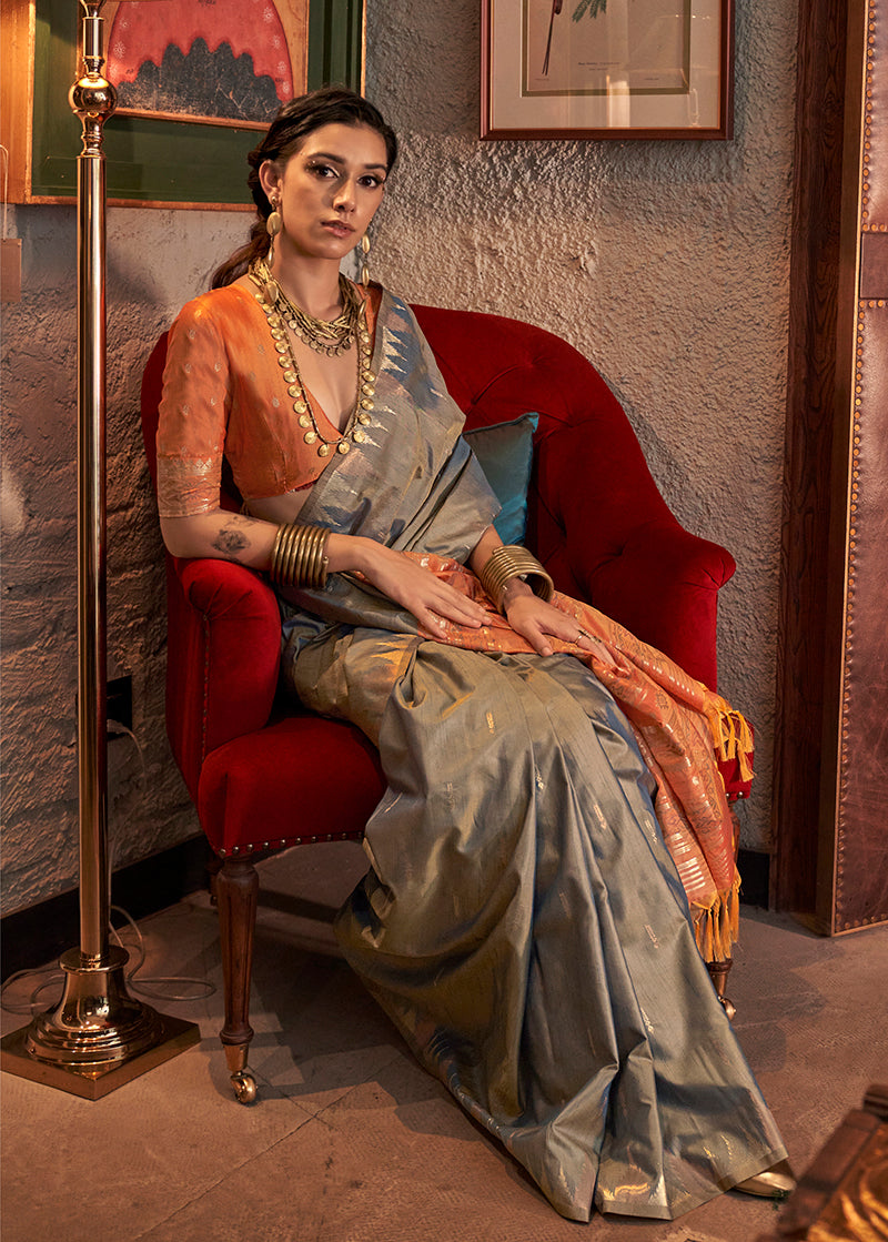 Monjolika Fashion Tussar Silk Weaving Grey Traditional Saree | Grocsy