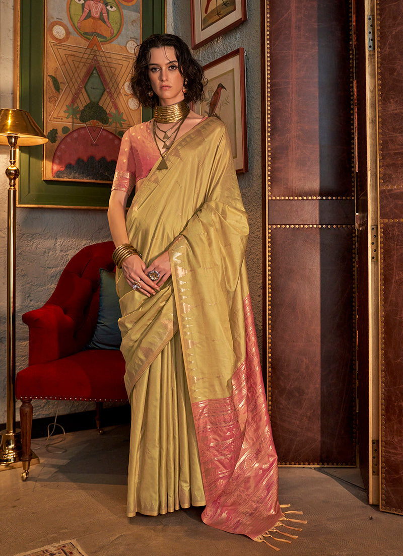 Monjolika Fashion Tussar Silk Weaving Golden Traditional Saree | Grocsy