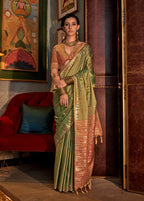 Monjolika Fashion Tussar Silk Weaving Green Traditional Saree | Grocsy