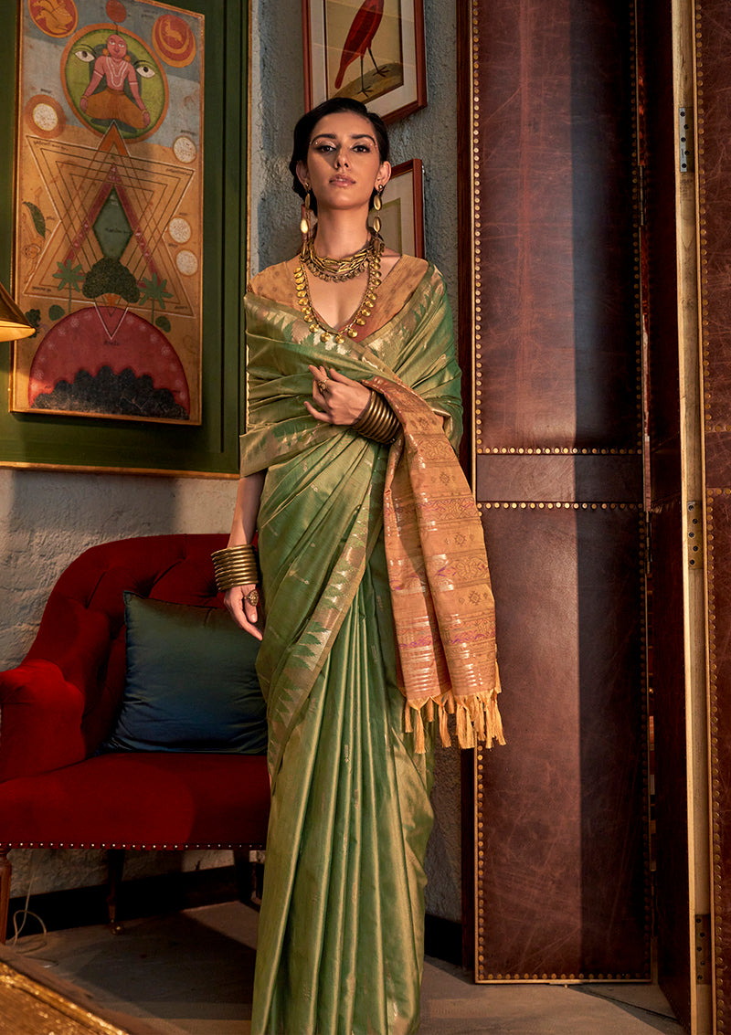 Monjolika Fashion Tussar Silk Weaving Green Traditional Saree | Grocsy
