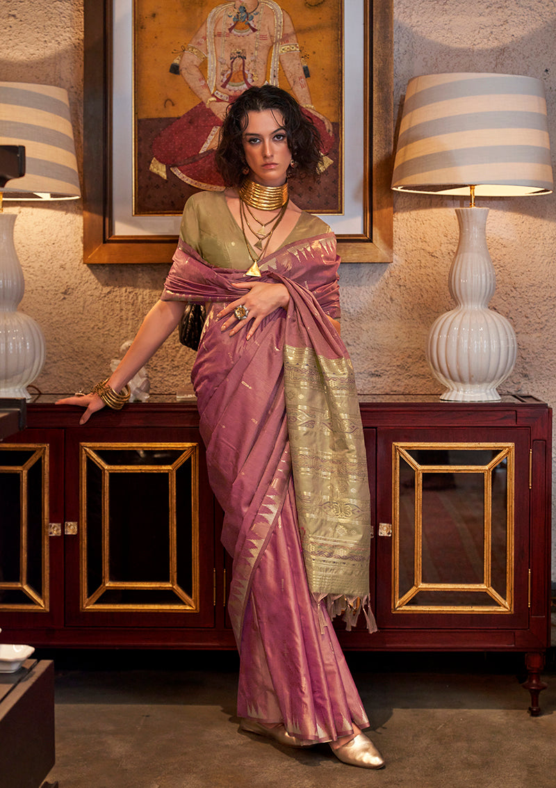 Monjolika Fashion Tussar Silk Weaving Onion Pink Traditional Saree | Grocsy