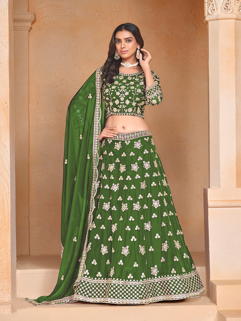Monjolika Fashion Embroidered Art Silk Green Designer Lehenga Choli | Grocsy