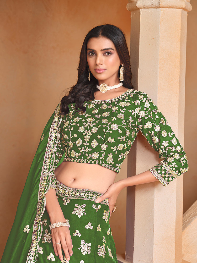Monjolika Fashion Embroidered Art Silk Green Designer Lehenga Choli | Grocsy