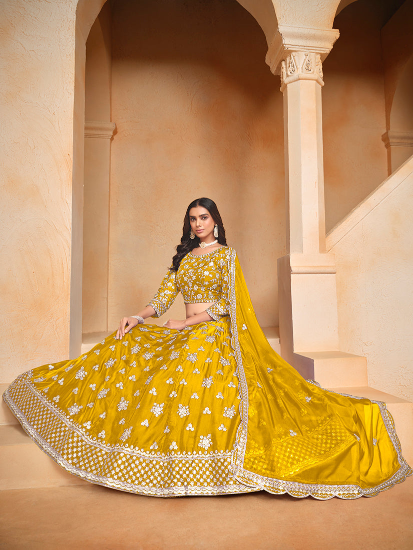 Monjolika Fashion Embroidered Art Silk Yellow Designer Lehenga Choli | Grocsy