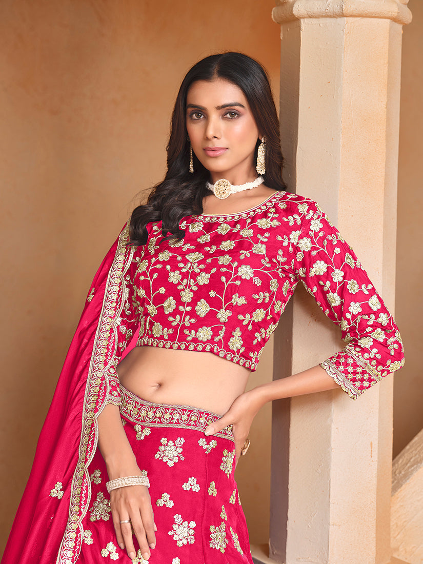 Monjolika Fashion Embroidered Art Silk Rani Pink Designer Lehenga Choli | Grocsy