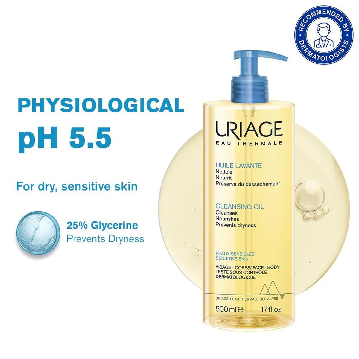 Uriage Cleansing Oil with 25% Glycerin Dermat Recommended Gently Cleanses & Moisturizes Face & Body | Grocsy