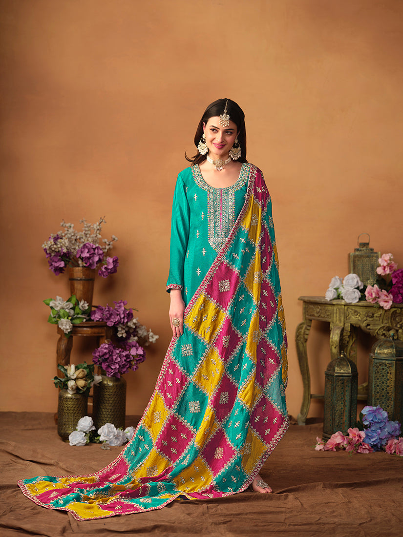 Monjolika Fashion Turquoise Color Embroidered Santoon Chinnon Salwar Suit | Grocsy