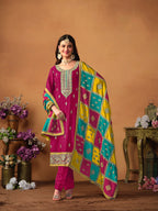 Monjolika Fashion Rani-Pink Color Embroidered Santoon Chinnon Salwar Suit | Grocsy