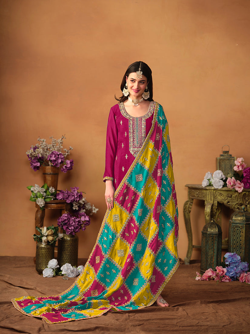 Monjolika Fashion Rani-Pink Color Embroidered Santoon Chinnon Salwar Suit | Grocsy