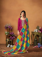 Monjolika Fashion Rani-Pink Color Embroidered Santoon Chinnon Salwar Suit | Grocsy