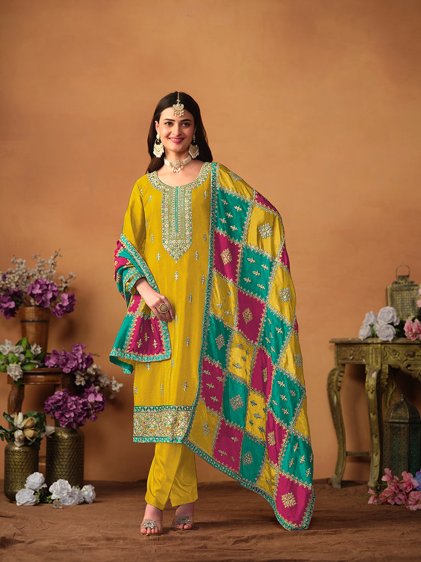 Monjolika Fashion Mustard Color Embroidered Santoon Chinnon Salwar Suit | Grocsy