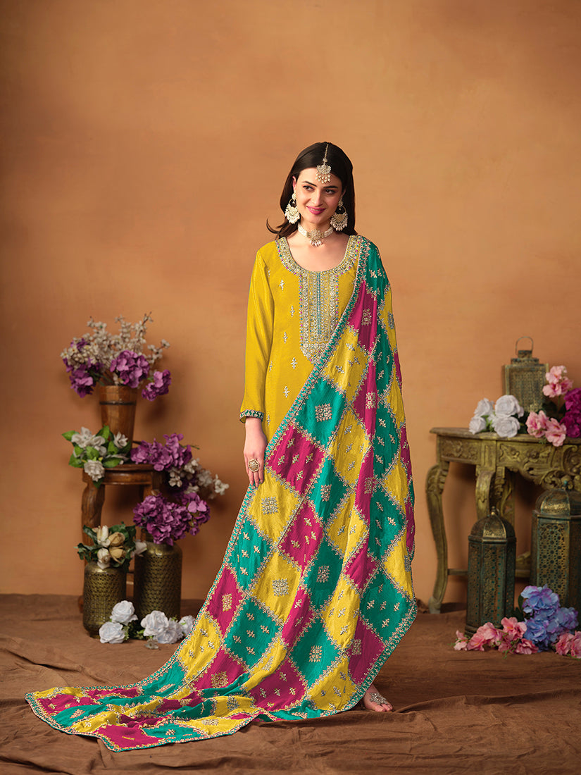 Monjolika Fashion Mustard Color Embroidered Santoon Chinnon Salwar Suit | Grocsy